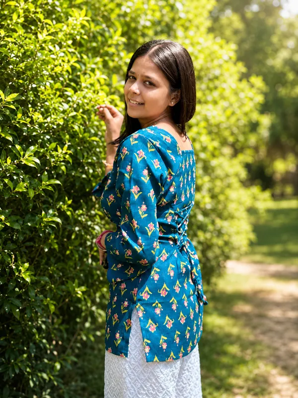 Bibhatsu_Women's_Teal_Blue_Floral_Printed_Kurti_Square_Neck_Full_Sleeve_Casual_Wear_Cotton_Kurti