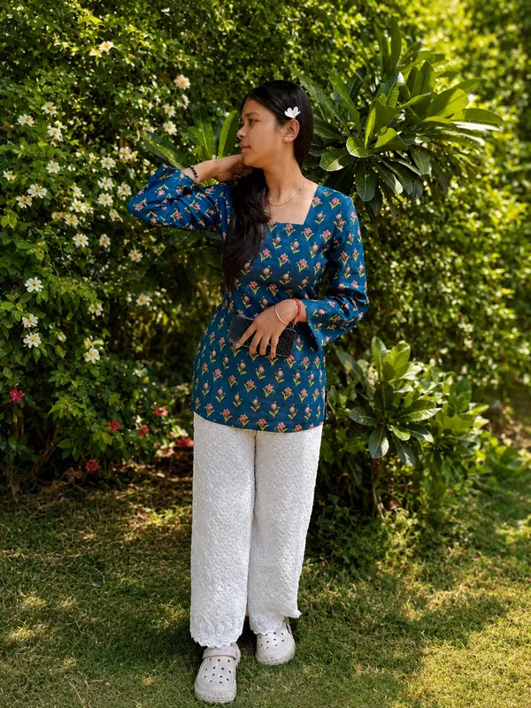Bibhatsu_Women's_Teal_Blue_Floral_Printed_Kurti_Square_Neck_Full_Sleeve_Casual_Wear_Cotton_Kurti