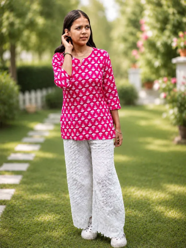 Bibhatsu_Women's_Pink_Printed_Cotton_Short_Kurti_3_4_Sleeve_Casual_Daily_Wear