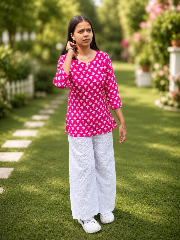 Bibhatsu_Women's_Pink_Printed_Cotton_Short_Kurti_3_4_Sleeve_Casual_Daily_Wear