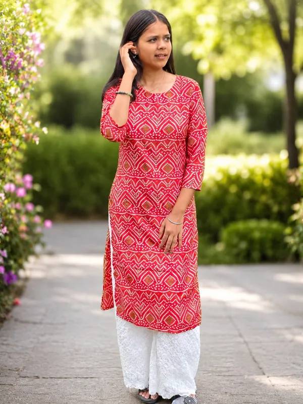 Bibhatsu_Women's_Red_Bandhani_Printed_Cotton_Straight_Kurti_3_4_Sleeve_Casual_Office_Daily_Wear
