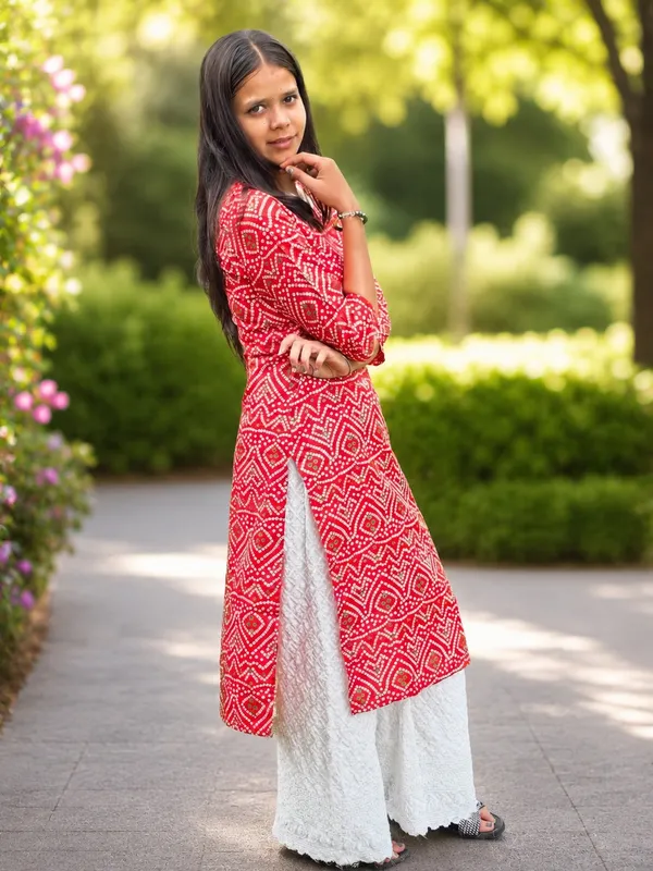 Bibhatsu_Women's_Red_Bandhani_Printed_Cotton_Straight_Kurti_3_4_Sleeve_Casual_Office_Daily_Wear