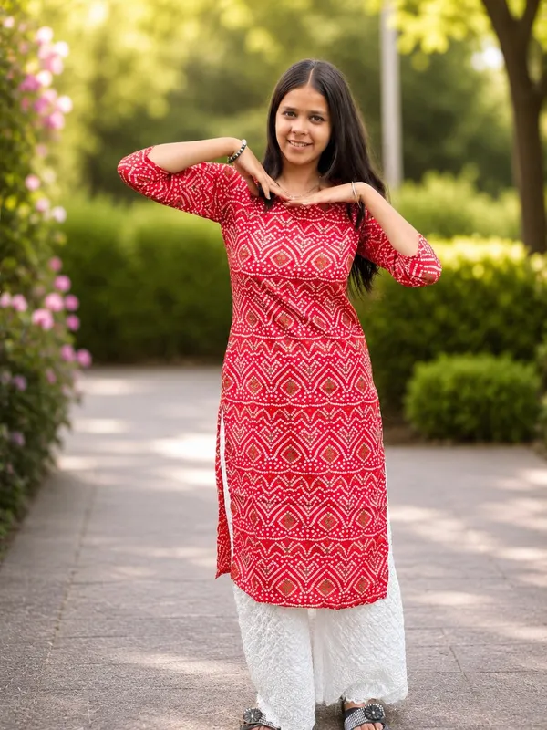 Bibhatsu_Women's_Red_Bandhani_Printed_Cotton_Straight_Kurti_3_4_Sleeve_Casual_Office_Daily_Wear