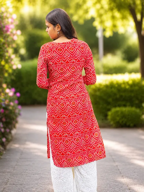 Bibhatsu_Women's_Red_Bandhani_Printed_Cotton_Straight_Kurti_3_4_Sleeve_Casual_Office_Daily_Wear