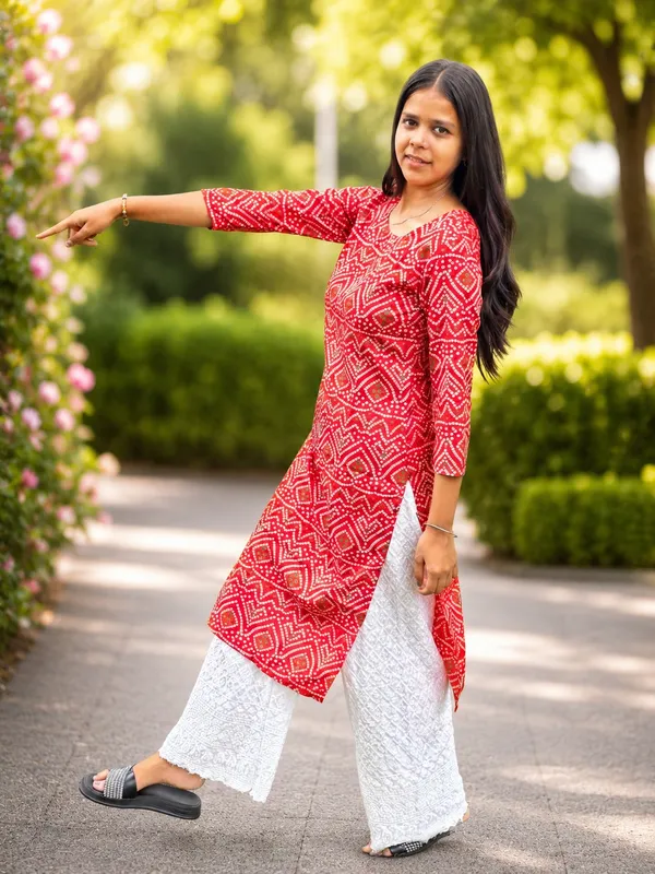 Bibhatsu_Women's_Red_Bandhani_Printed_Cotton_Straight_Kurti_3_4_Sleeve_Casual_Office_Daily_Wear