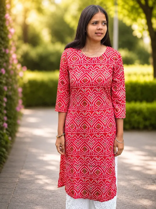 Bibhatsu_Women's_Red_Bandhani_Printed_Cotton_Straight_Kurti_3_4_Sleeve_Casual_Office_Daily_Wear