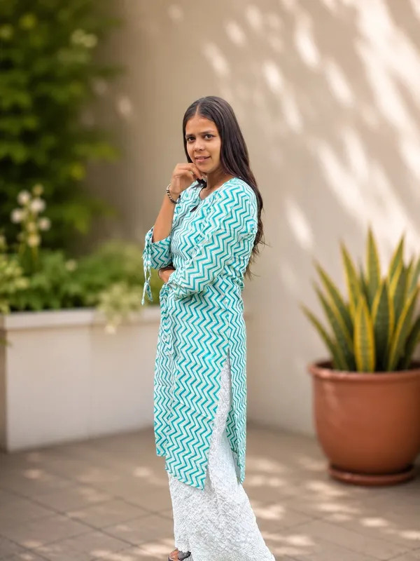 Bibhatsu_Women's_Sky_Blue_Chevron_Printed_Cotton_Straight_Kurti_3_4_Sleeve_Casual_Office_Daily_Wear