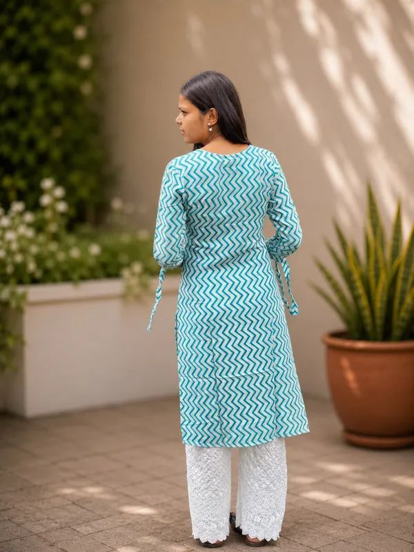 Bibhatsu_Women's_Sky_Blue_Chevron_Printed_Cotton_Straight_Kurti_3_4_Sleeve_Casual_Office_Daily_Wear