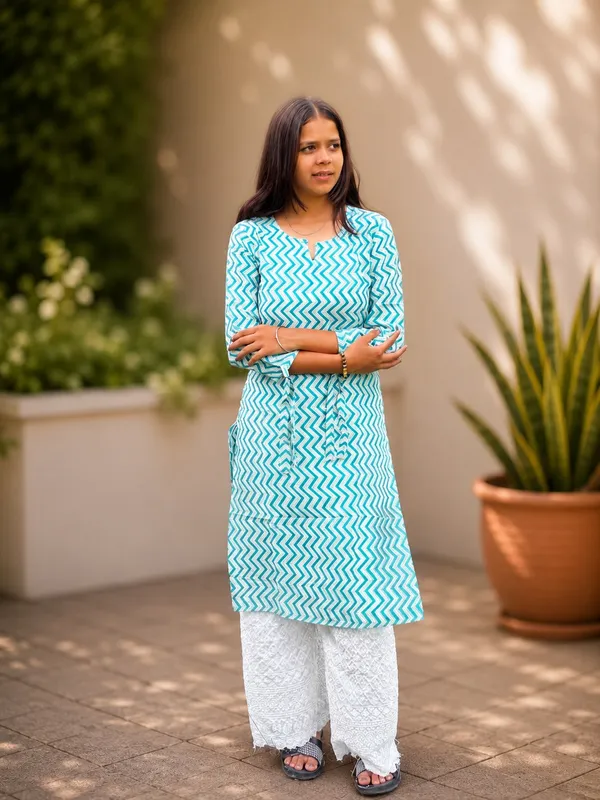 Bibhatsu_Women's_Sky_Blue_Chevron_Printed_Cotton_Straight_Kurti_3_4_Sleeve_Casual_Office_Daily_Wear