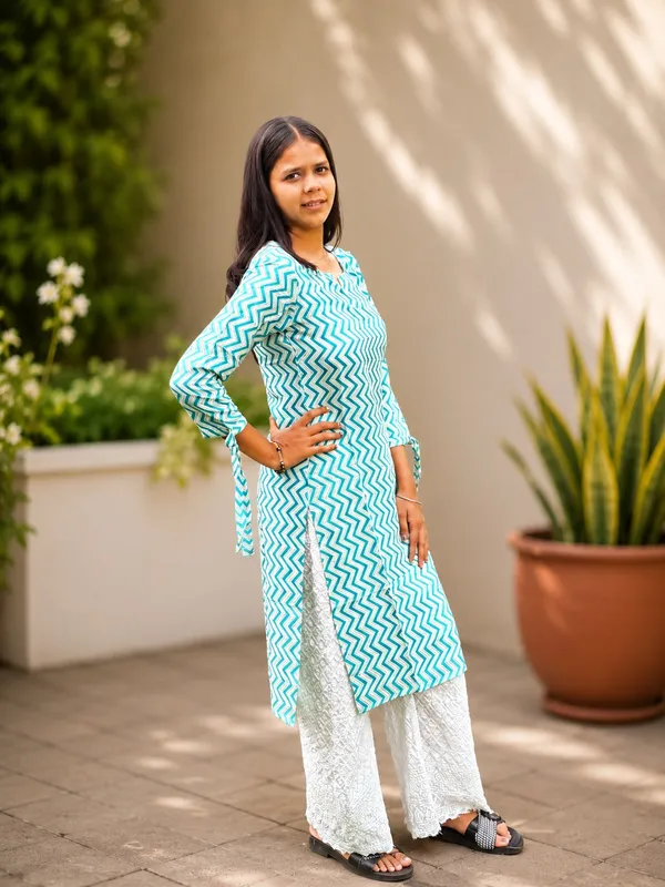 Bibhatsu_Women's_Sky_Blue_Chevron_Printed_Cotton_Straight_Kurti_3_4_Sleeve_Casual_Office_Daily_Wear