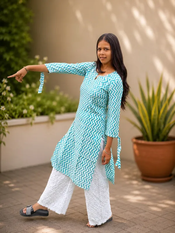 Bibhatsu_Women's_Sky_Blue_Chevron_Printed_Cotton_Straight_Kurti_3_4_Sleeve_Casual_Office_Daily_Wear