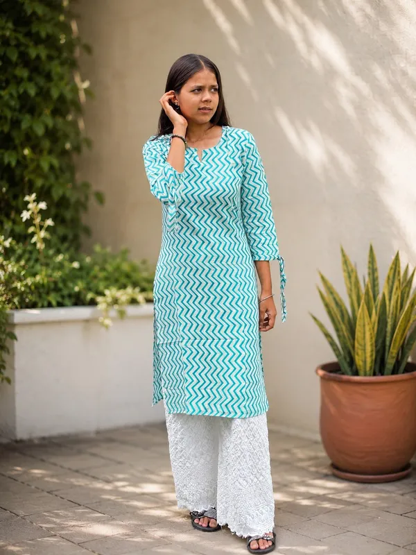 Bibhatsu_Women's_Sky_Blue_Chevron_Printed_Cotton_Straight_Kurti_3_4_Sleeve_Casual_Office_Daily_Wear