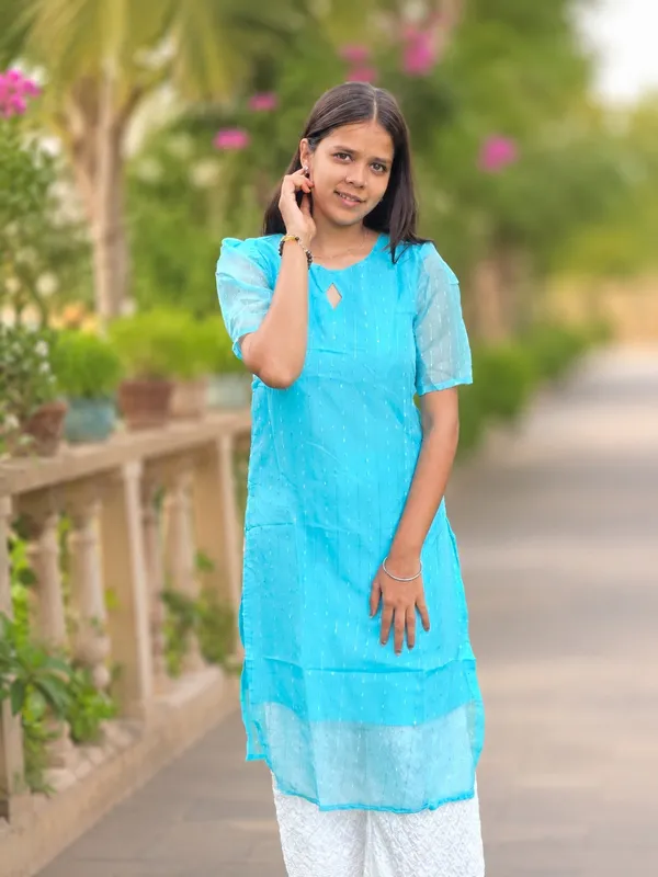 Bibhatsu_Women's_Sky_Blue_Organza_Straight_Kurti_Sheer_Sleeves_Elegant_Ethnic_Wear