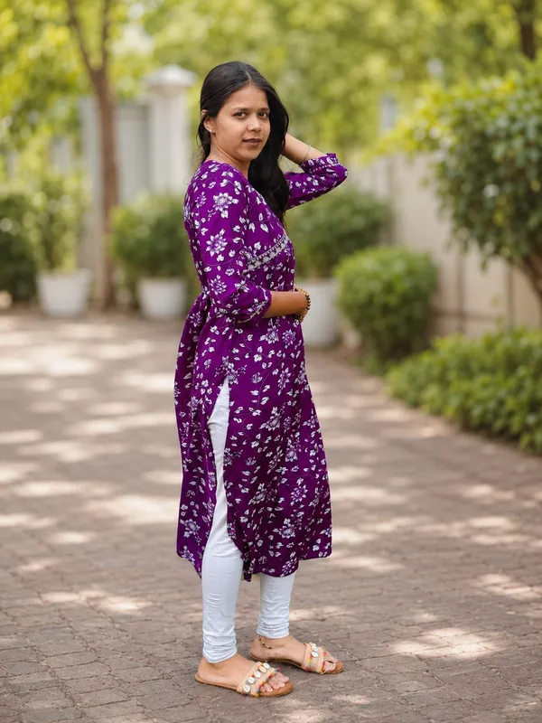Bibhatsu_Women's_Purple_Floral_Printed_Cotton_Straight_Kurti_V_Neck_3_4_Sleeve_Casual_Office_Wear