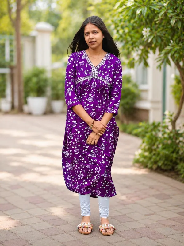 Bibhatsu_Women's_Purple_Floral_Printed_Cotton_Straight_Kurti_V_Neck_3_4_Sleeve_Casual_Office_Wear