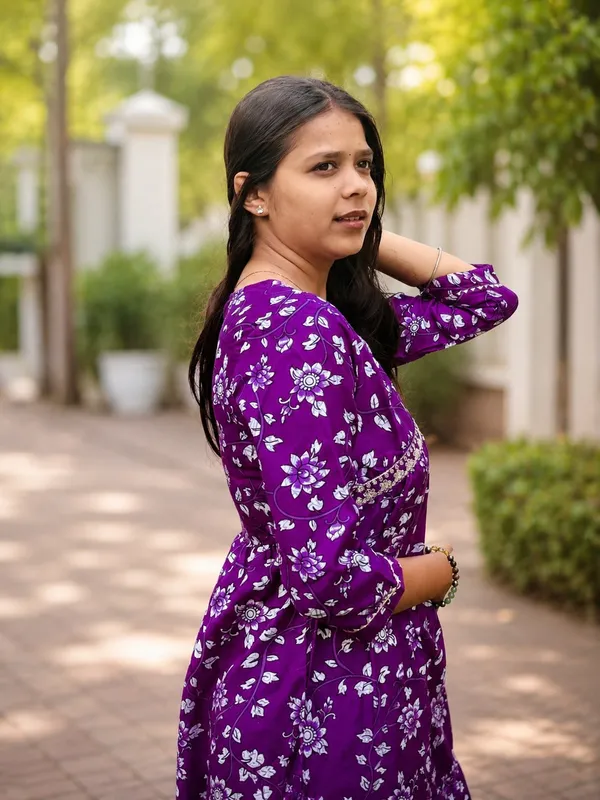 Bibhatsu_Women's_Purple_Floral_Printed_Cotton_Straight_Kurti_V_Neck_3_4_Sleeve_Casual_Office_Wear