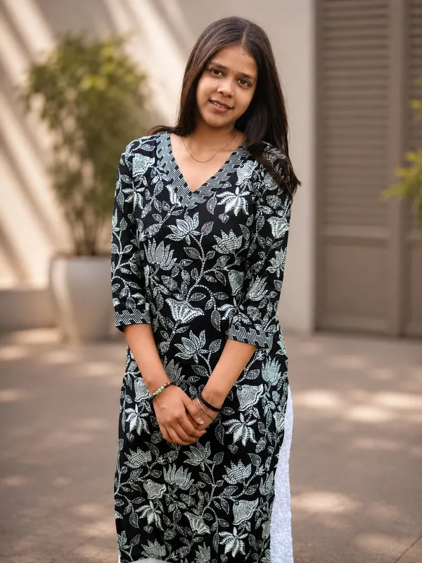 Bibhatsu_Women's_Black_Lotus_Printed_Cotton_Straight_Kurti_V_Neck_3_4_Sleeve_Casual_Office_Wear