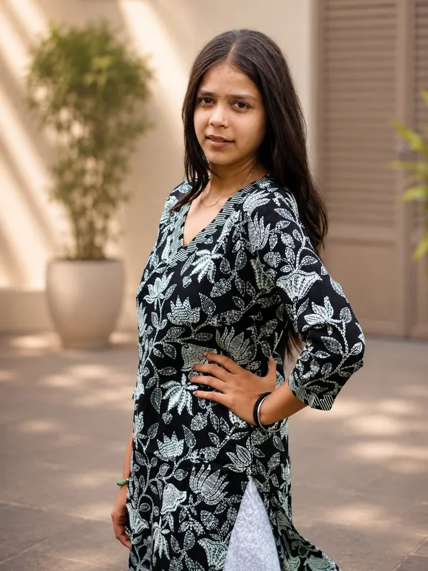 Bibhatsu_Women's_Black_Lotus_Printed_Cotton_Straight_Kurti_V_Neck_3_4_Sleeve_Casual_Office_Wear