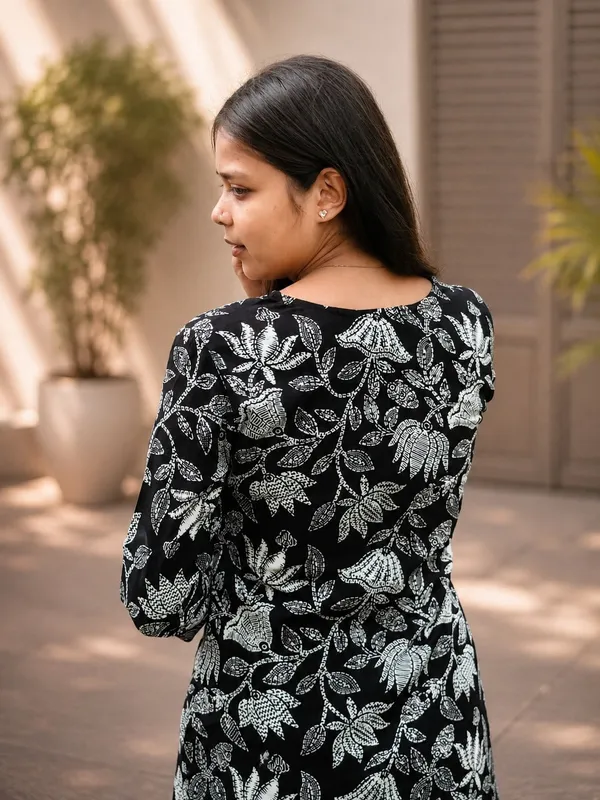 Bibhatsu_Women's_Black_Lotus_Printed_Cotton_Straight_Kurti_V_Neck_3_4_Sleeve_Casual_Office_Wear