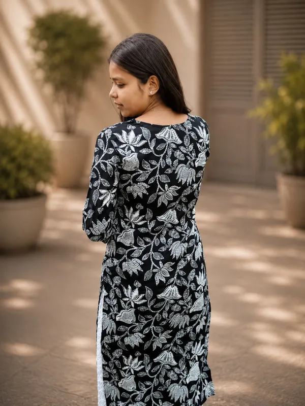 Bibhatsu_Women's_Black_Lotus_Printed_Cotton_Straight_Kurti_V_Neck_3_4_Sleeve_Casual_Office_Wear