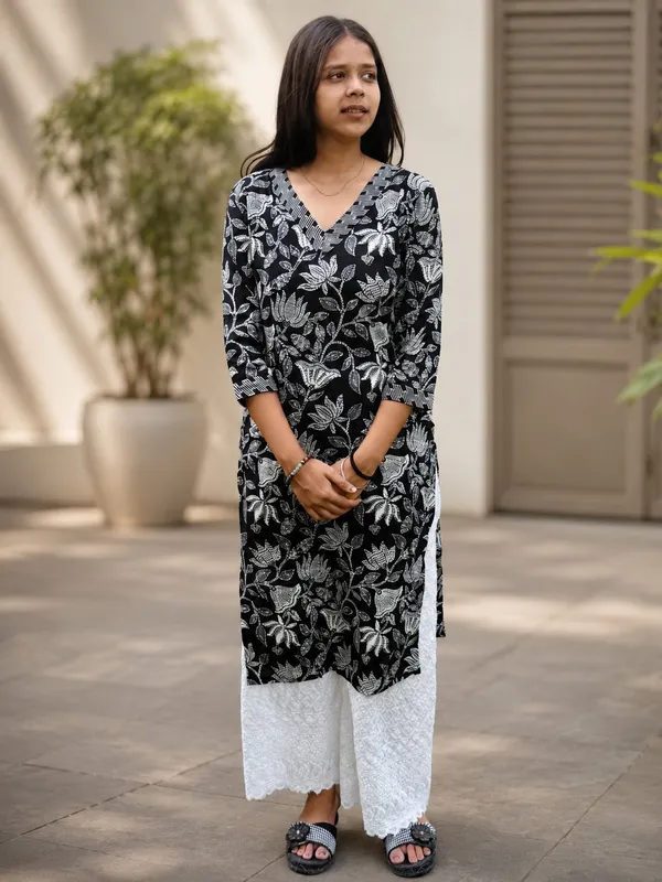 Bibhatsu_Women's_Black_Lotus_Printed_Cotton_Straight_Kurti_V_Neck_3_4_Sleeve_Casual_Office_Wear