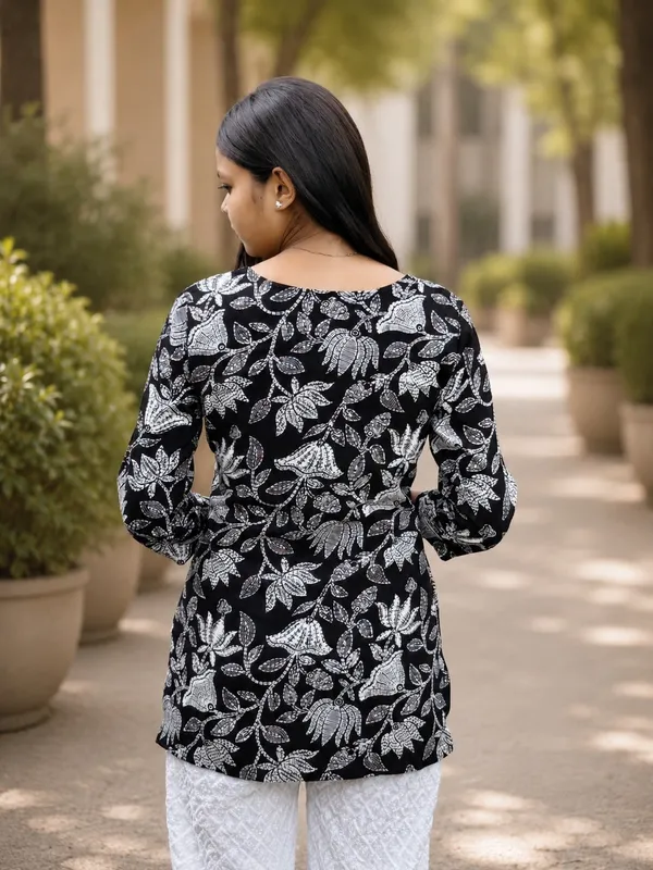 Bibhatsu_Women's_Black_Lotus_Printed_Cotton_Short_Kurti_Round_Neck_3_4_Sleeve_Casual_Daily_Wear