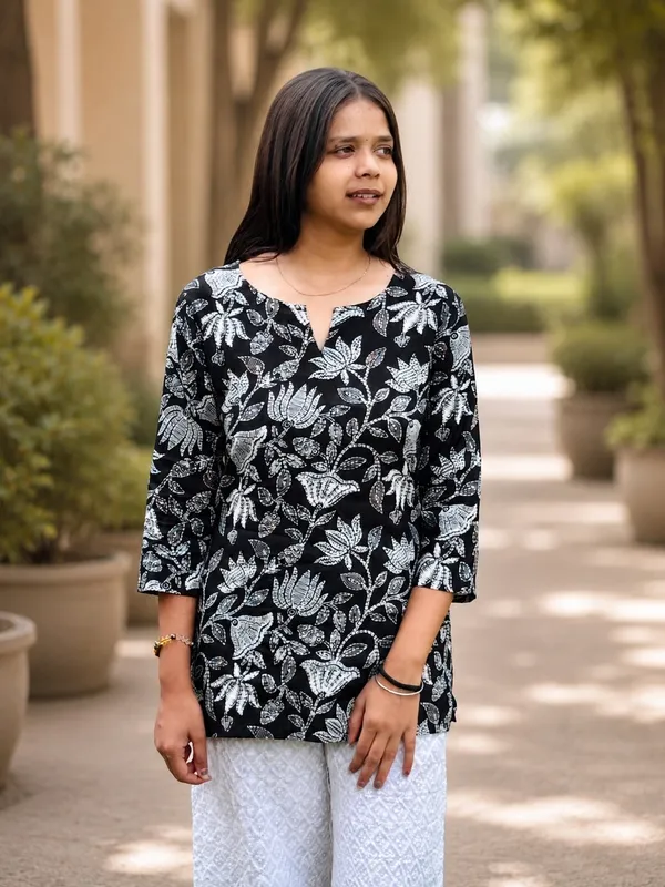 Bibhatsu_Women's_Black_Lotus_Printed_Cotton_Short_Kurti_Round_Neck_3_4_Sleeve_Casual_Daily_Wear