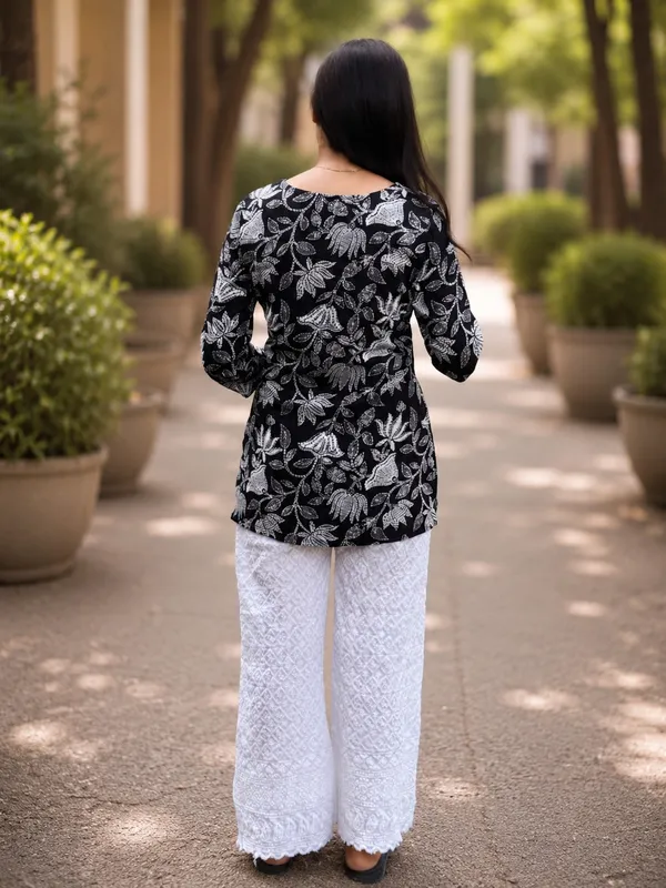 Bibhatsu_Women's_Black_Lotus_Printed_Cotton_Short_Kurti_Round_Neck_3_4_Sleeve_Casual_Daily_Wear
