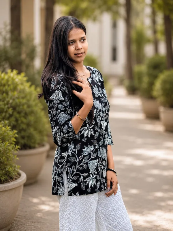 Bibhatsu_Women's_Black_Lotus_Printed_Cotton_Short_Kurti_Round_Neck_3_4_Sleeve_Casual_Daily_Wear