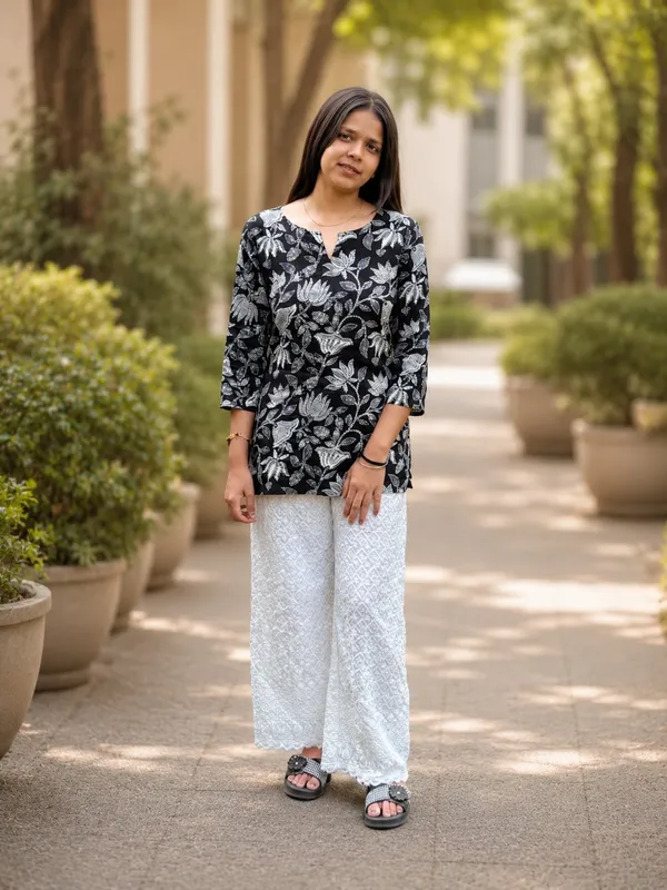 Bibhatsu_Women's_Black_Lotus_Printed_Cotton_Short_Kurti_Round_Neck_3_4_Sleeve_Casual_Daily_Wear