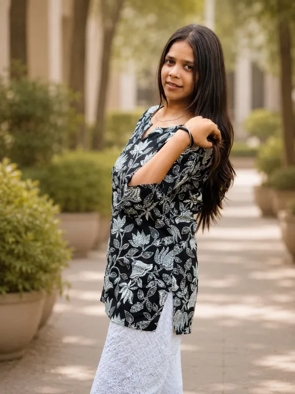 Bibhatsu_Women's_Black_Lotus_Printed_Cotton_Short_Kurti_Round_Neck_3_4_Sleeve_Casual_Daily_Wear
