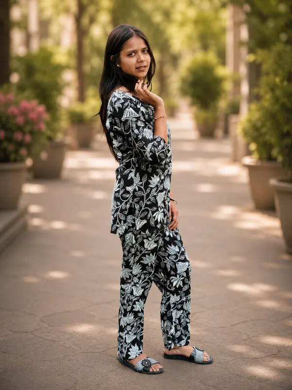Bibhatsu_Women's_Black_Lotus_Printed_Cotton_Short_Co_Ord_Set_Round_Neck_3_4_Sleeve_Casual_Daily_Wear
