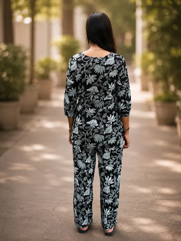 Bibhatsu_Women's_Black_Lotus_Printed_Cotton_Short_Co_Ord_Set_Round_Neck_3_4_Sleeve_Casual_Daily_Wear