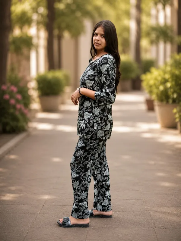 Bibhatsu_Women's_Black_Lotus_Printed_Cotton_Short_Co_Ord_Set_Round_Neck_3_4_Sleeve_Casual_Daily_Wear