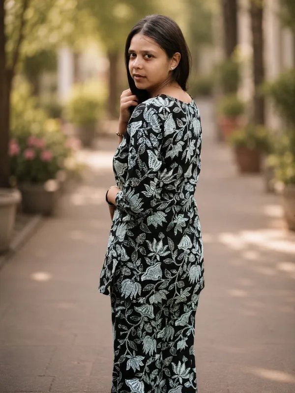 Bibhatsu_Women's_Black_Lotus_Printed_Cotton_Short_Co_Ord_Set_Round_Neck_3_4_Sleeve_Casual_Daily_Wear