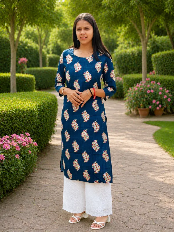 Bibhatsu_Women's_Blue_Floral_Printed_Straight_Kurti_3/4_Sleeve