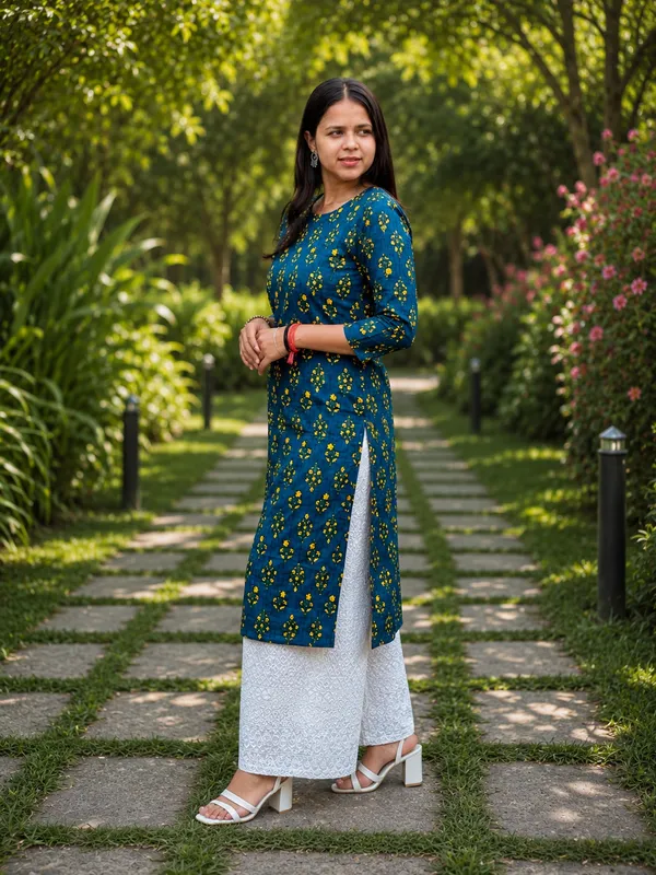 Bibhatsu_Women's_Blue_Printed_Straight_Kurti_with_3/4_Sleeves