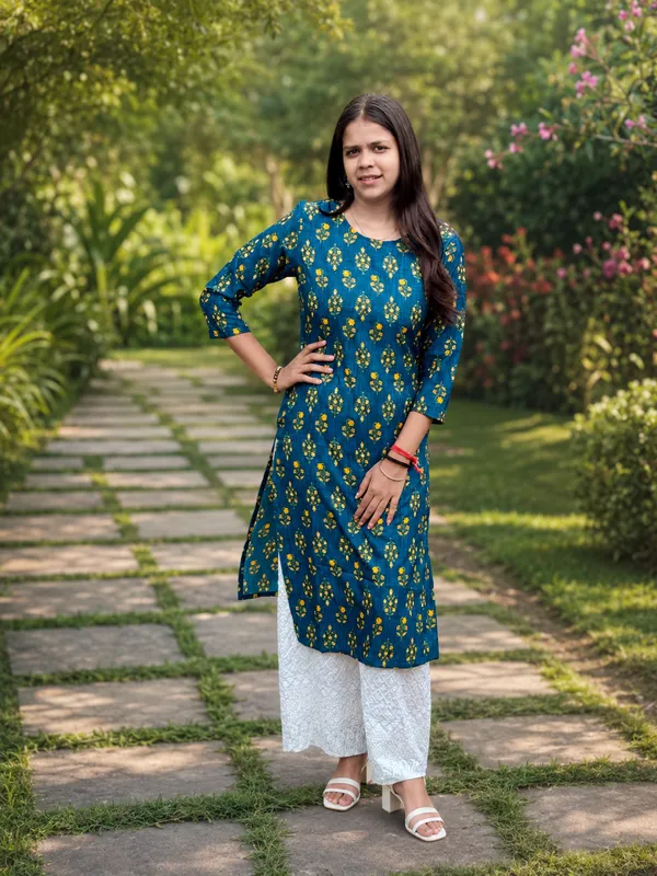 Bibhatsu_Women's_Blue_Printed_Straight_Kurti_with_3/4_Sleeves