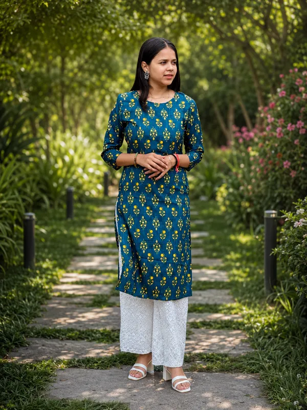 Bibhatsu_Women's_Blue_Printed_Straight_Kurti_with_3/4_Sleeves