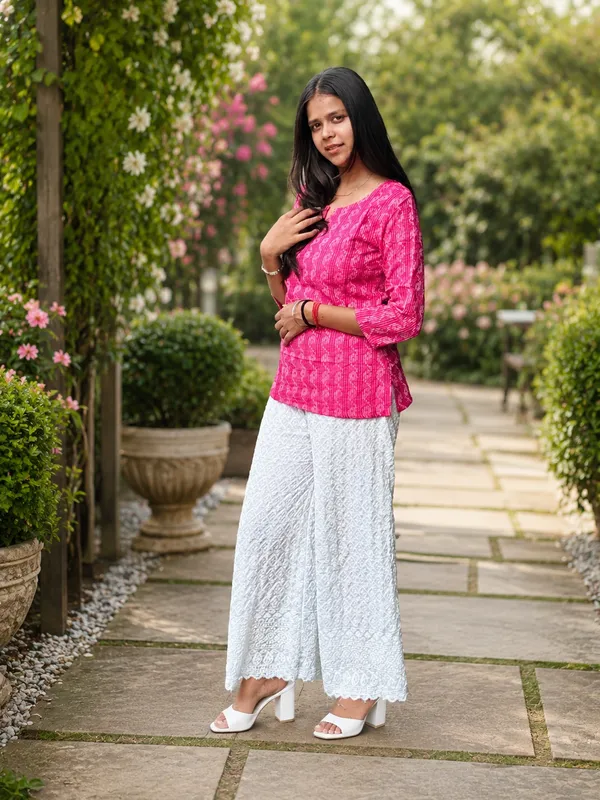 Bibhatsu_Women's_Pink_Printed_Cotton_Short_Kurti_3/4_Sleeve_Casual_Daily_Wear
