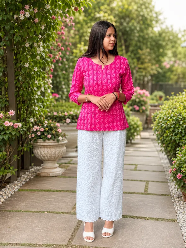 Bibhatsu_Women's_Pink_Printed_Cotton_Short_Kurti_3/4_Sleeve_Casual_Daily_Wear