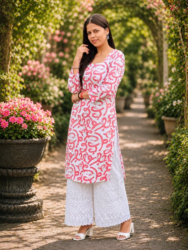 Bibhatsu_Women's_Pink_Printed_Straight_Kurti_3/4_Sleeve