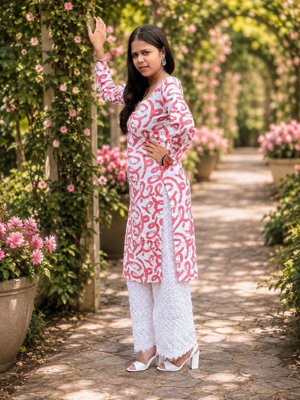 Bibhatsu_Women's_Pink_Printed_Straight_Kurti_3/4_Sleeve
