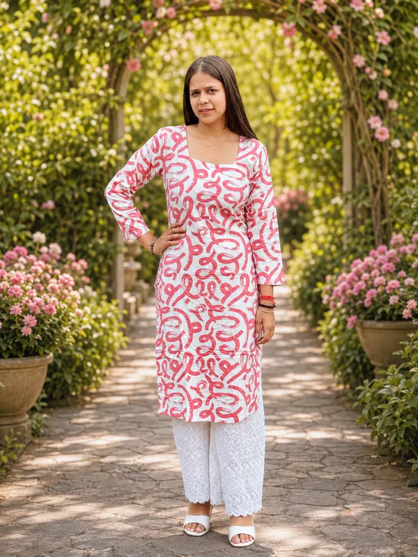 Bibhatsu_Women's_Pink_Printed_Straight_Kurti_3/4_Sleeve