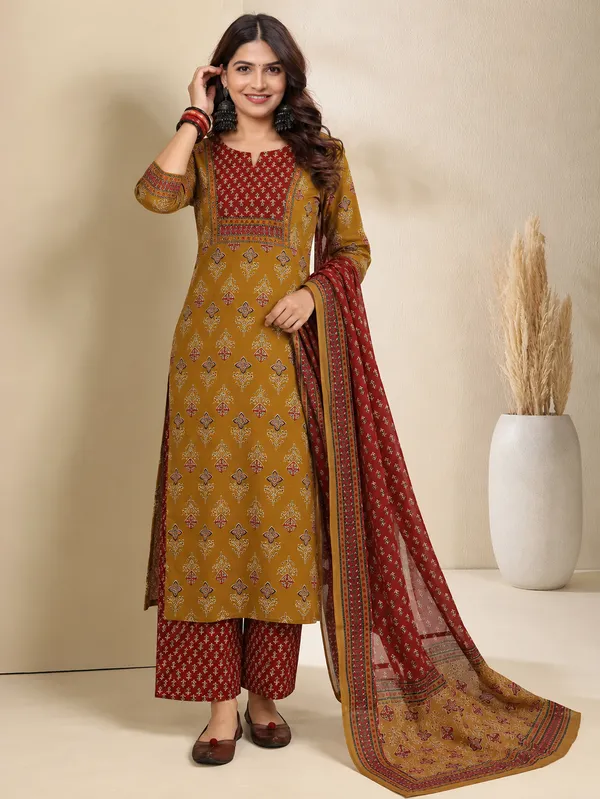 Women_Mustard_&_Maroon_Pure_Cotton_Buta_Kurta_Pant_Dupatta_Set
