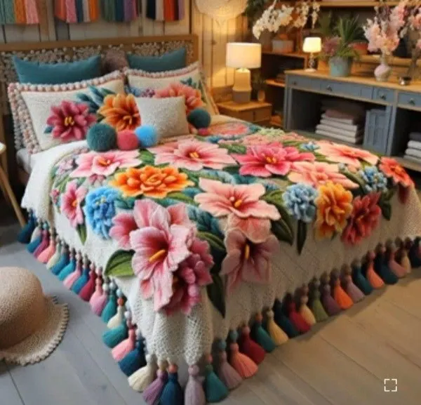 11D_Printed_Glace_Cotton_Bohemian_Floral_Pattern_Tassel_Bedsheet