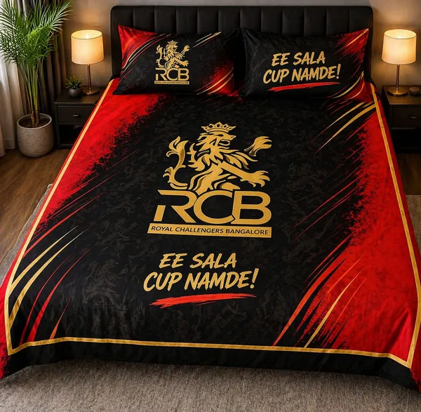 11D_Printed_Glace_Cotton_Rcb_Cricket_Print_Black_Red_Bedsheet_Set