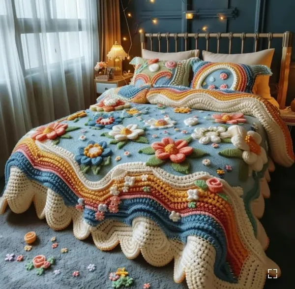 11D_Printed_Glace_Cotton_Bohemian_Crochet_Floral_Pattern_Bedspread