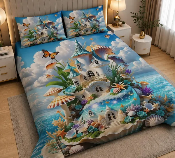 11D_Printed_Glace_Cotton_Fantasy_Seashell_Castle_Print_Bedsheet