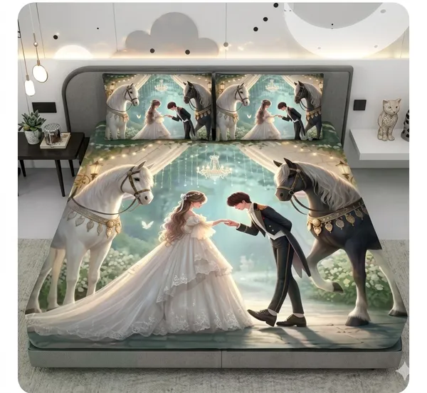 11D_Printed_Glace_Cotton_Wedding_Couple_Horse_Print_Bedsheet_Set